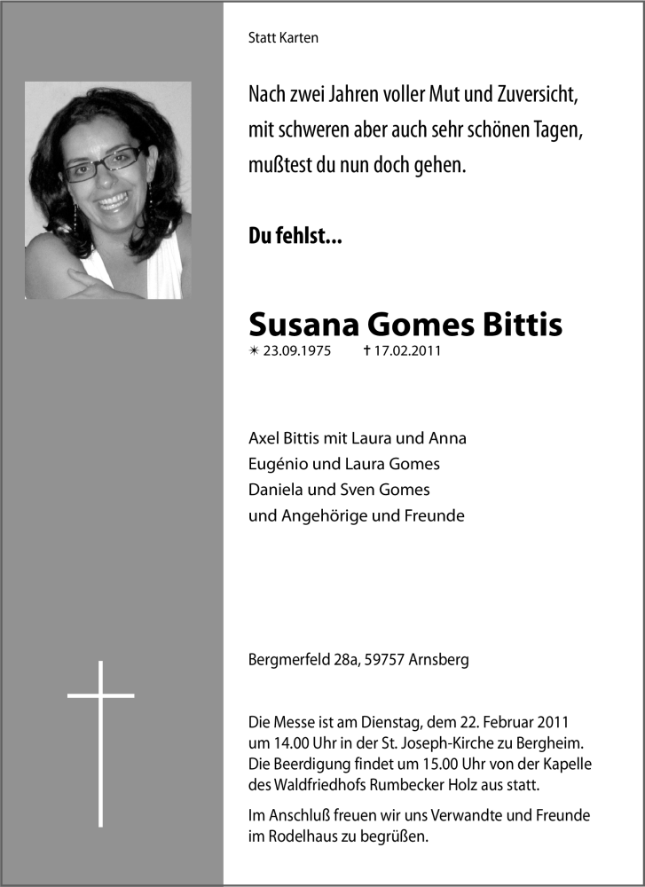  Traueranzeige für Susana Gomes Bittis vom 19.02.2011 aus Tageszeitung