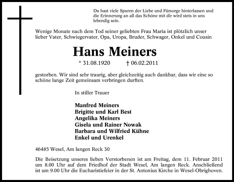  Traueranzeige für Hans Meiners vom 08.02.2011 aus Tageszeitung