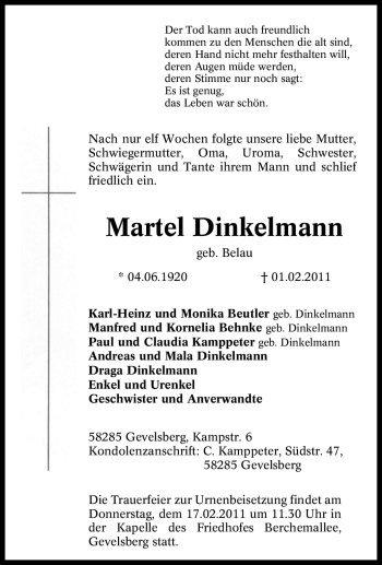Traueranzeige von Martel Dinkelmann von Tageszeitung