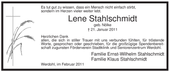 Traueranzeige von Lene Stahlschmidt von Tageszeitung