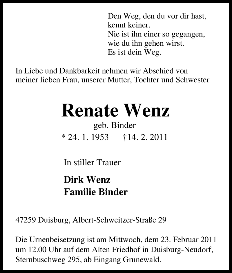  Traueranzeige für Renate Wenz vom 19.02.2011 aus Tageszeitung