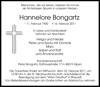 Traueranzeige von Hannelore Bongartz von Tageszeitung