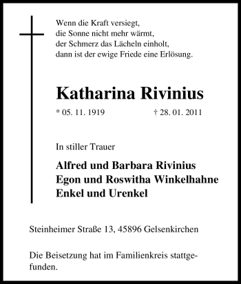 Traueranzeige von Katharina Rivinius von Tageszeitung