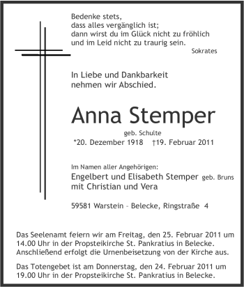 Traueranzeige von Anna Stemper von Tageszeitung