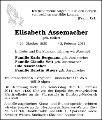 Traueranzeige von Elisabeth Assemacher von Tageszeitung
