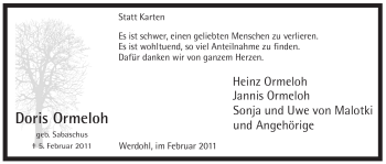 Traueranzeige von Doris Ormeloh von Tageszeitung
