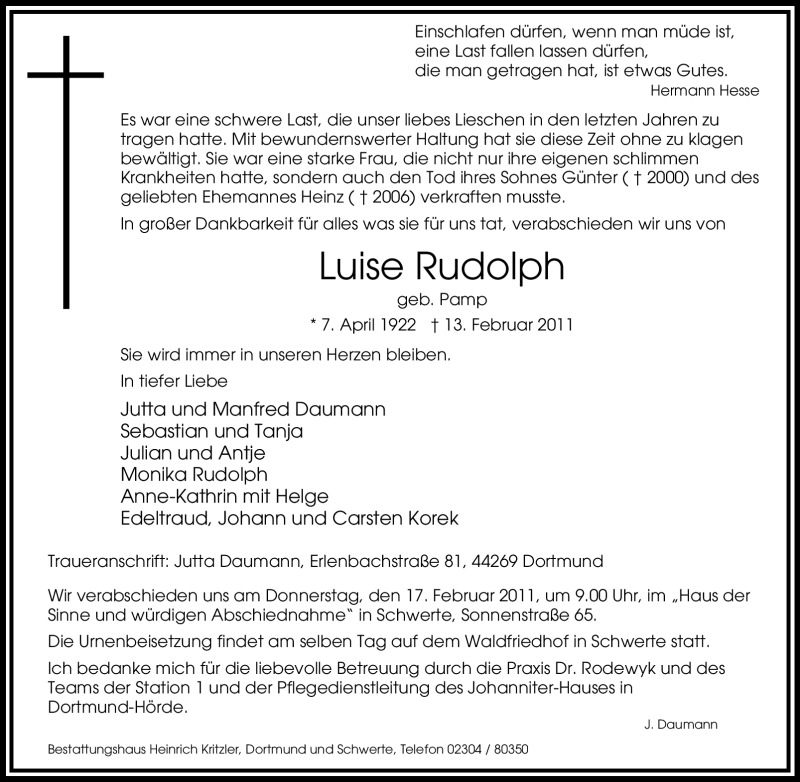  Traueranzeige für Luise Rudolph vom 15.02.2011 aus Tageszeitung