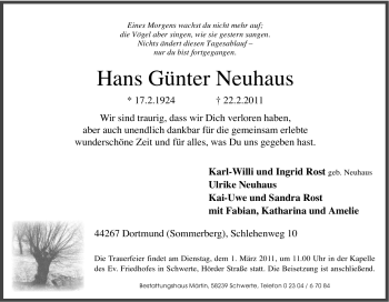Traueranzeige von Hans Günter Neuhaus von Tageszeitung