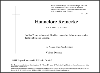 Traueranzeige von Hannelore Reinecke von Tageszeitung