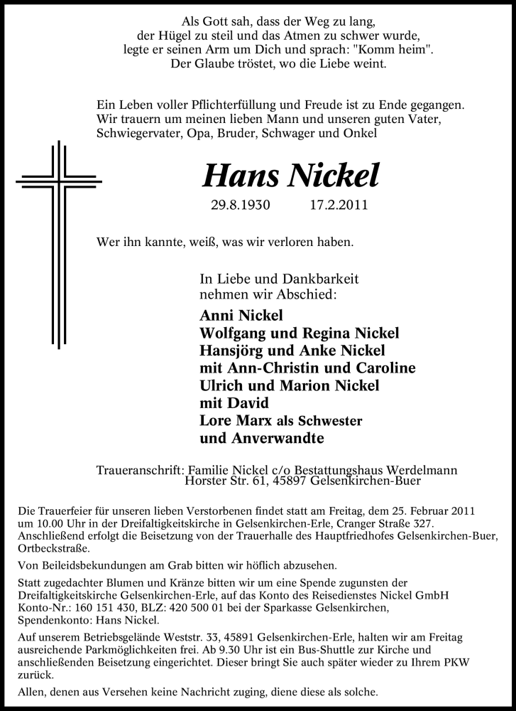  Traueranzeige für Hans Nickel vom 22.02.2011 aus Tageszeitung