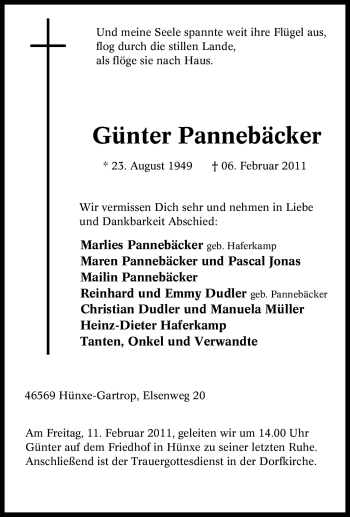 Traueranzeige von Günter Pannebäcker von Tageszeitung