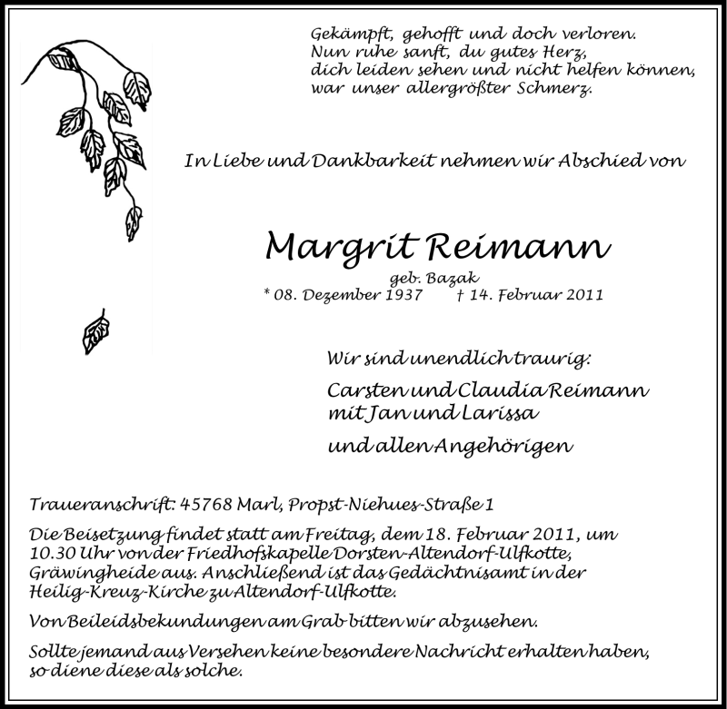  Traueranzeige für Margrit Reimann vom 16.02.2011 aus Tageszeitung