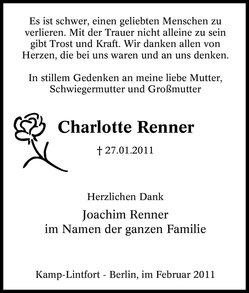  Traueranzeige für Charlotte Renner vom 23.02.2011 aus Tageszeitung