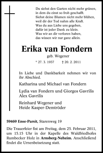 Traueranzeige von Erika van Fondern von Tageszeitung