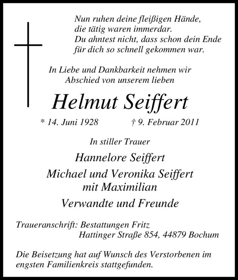  Traueranzeige für Helmut Seiffert vom 15.02.2011 aus Tageszeitung