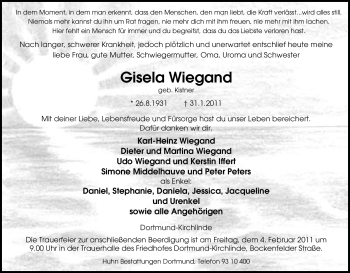 Traueranzeige von Gisela Wiegand von Tageszeitung
