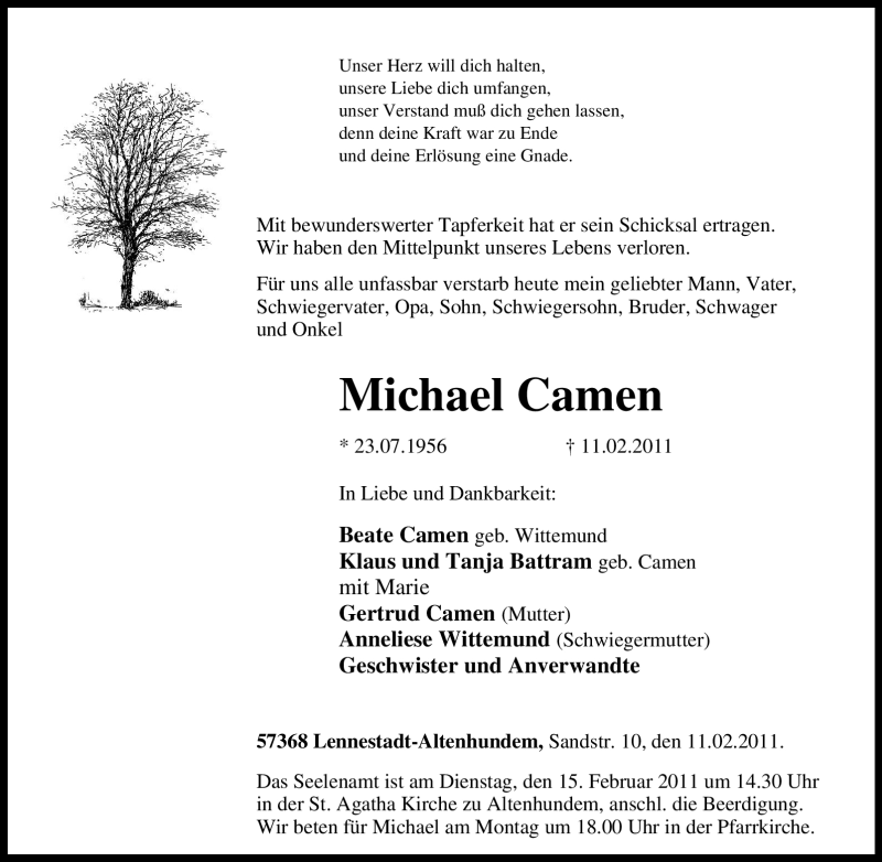  Traueranzeige für Michael Camen vom 12.02.2011 aus Tageszeitung