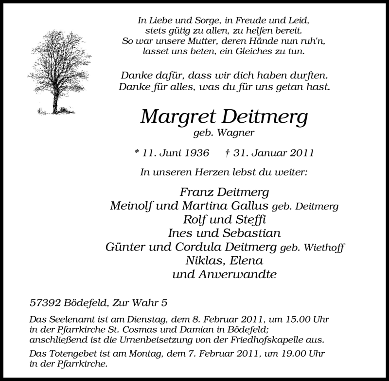  Traueranzeige für Margret Deitmerg vom 03.02.2011 aus Tageszeitung