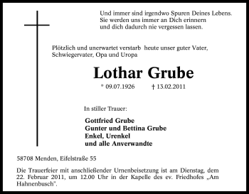 Traueranzeige von Lothar Grube von Tageszeitung