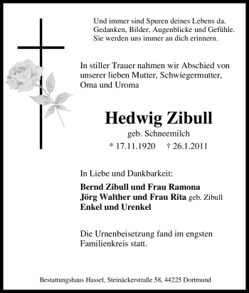 Traueranzeige von Hedwig Zibull von Tageszeitung