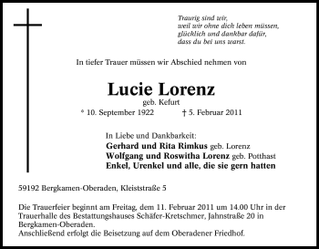 Traueranzeige von Lucie Lorenz von Tageszeitung