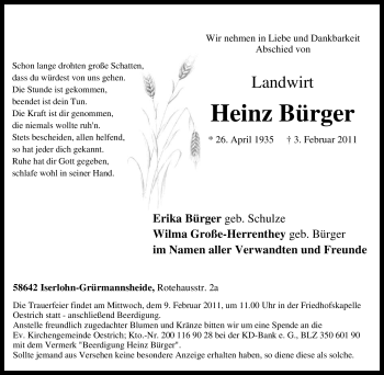 Traueranzeige von Heinz Bürger von Tageszeitung