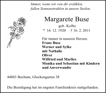Traueranzeige von Margarete Buse von Tageszeitung