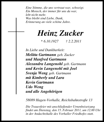 Traueranzeige von Heinz Zucker von Tageszeitung