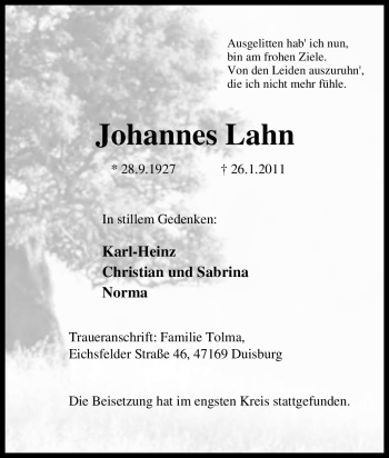 Traueranzeige von Johannes Lahn von Tageszeitung