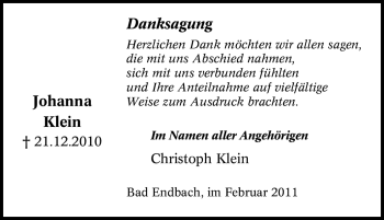 Traueranzeige von Johanna Klein von Tageszeitung