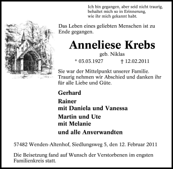 Traueranzeige von Anneliese Krebs von Tageszeitung