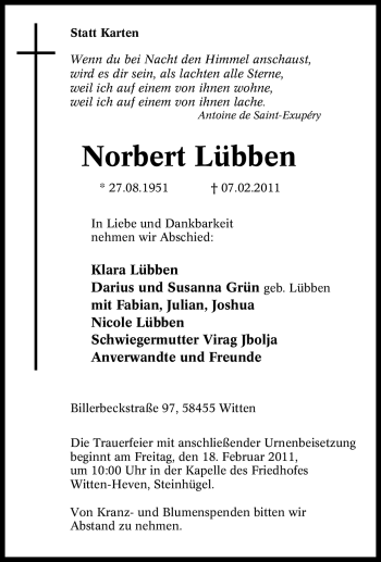 Traueranzeige von Norbert Lübben von Tageszeitung