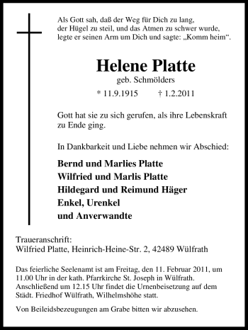 Traueranzeige von Helene Platte von Tageszeitung