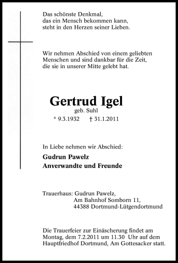 Traueranzeige von Gertrud Igel von Tageszeitung