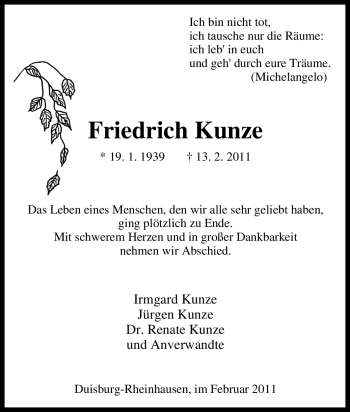 Traueranzeige von Friedrich Kunze von Tageszeitung