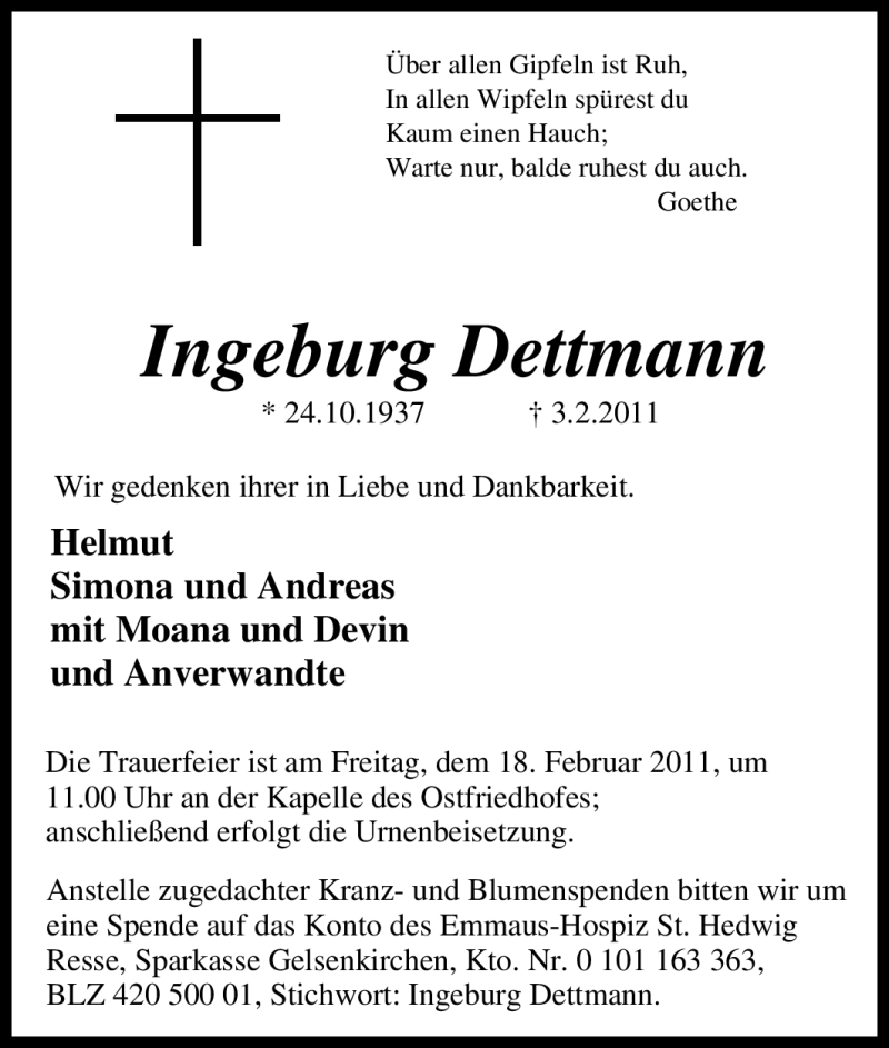 Traueranzeige für Ingeburg Dettmann vom 11.02.2011 aus Tageszeitung