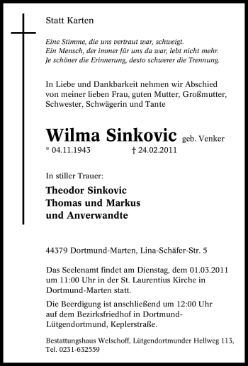 Traueranzeige von Wilma Sinkovic von Tageszeitung