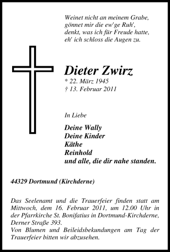 Traueranzeige von Dieter Zwirz von Tageszeitung