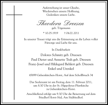 Traueranzeige von Theodora Dreesen von Tageszeitung