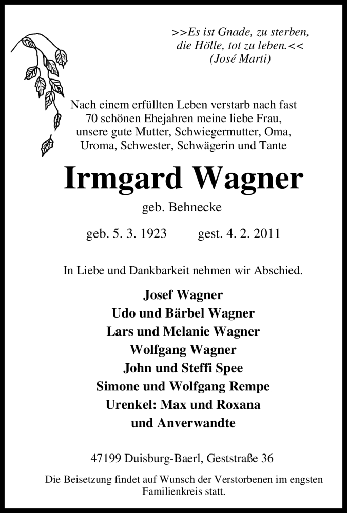  Traueranzeige für Irmgard Wagner vom 08.02.2011 aus Tageszeitung