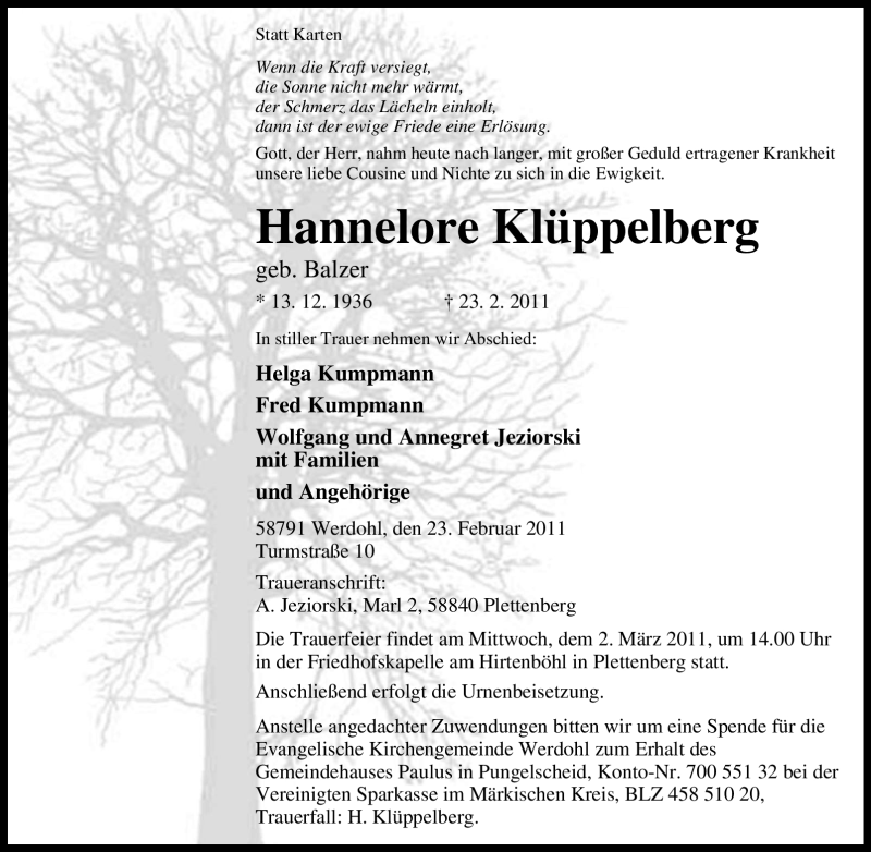  Traueranzeige für Hannelore Küppelberg vom 26.02.2011 aus Tageszeitung