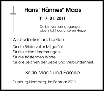 Traueranzeige von Hans Maas von Tageszeitung