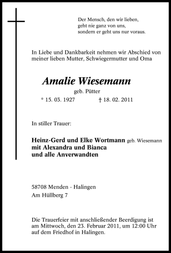 Traueranzeige von Amalie Wiesemann von Tageszeitung