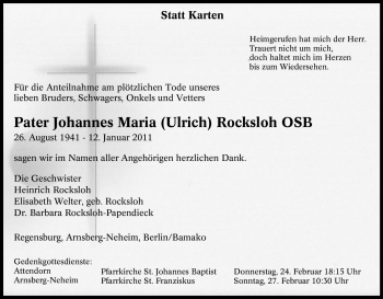 Traueranzeige von Johannes Maria Rocksloh OSB von Tageszeitung