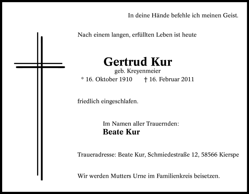  Traueranzeige für Gertrud Kur vom 19.02.2011 aus Tageszeitung