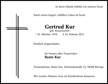 Traueranzeige von Gertrud Kur von Tageszeitung