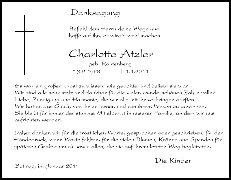  Traueranzeige für Charlotte Atzler vom 05.02.2011 aus Tageszeitung
