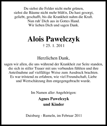 Traueranzeige von Alois Pawelczyk von Tageszeitung