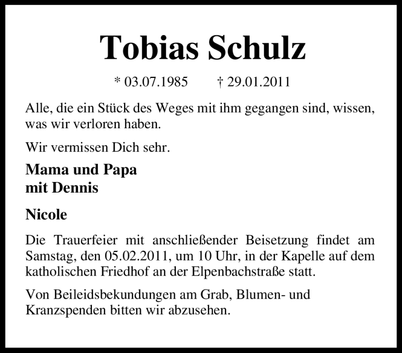  Traueranzeige für Tobias Schulz vom 03.02.2011 aus Tageszeitung