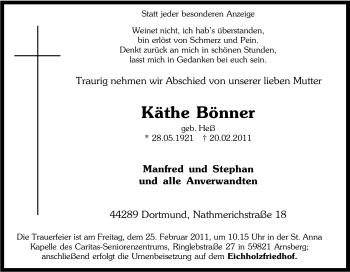 Traueranzeige von Käthe Bönner von Tageszeitung